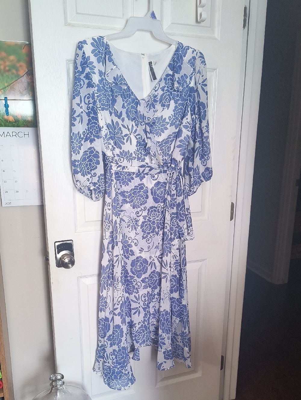 Julian Taylor White and Blue Floral High-Low Wrap Dress - Women's